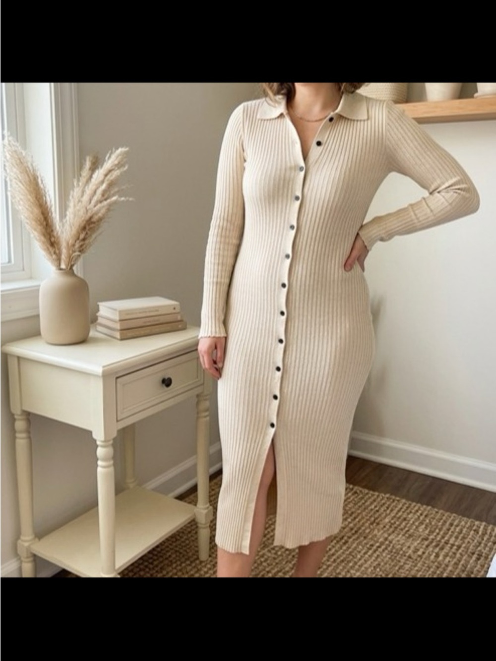 H&M Cream Ribbed Button-Down Midi Dress